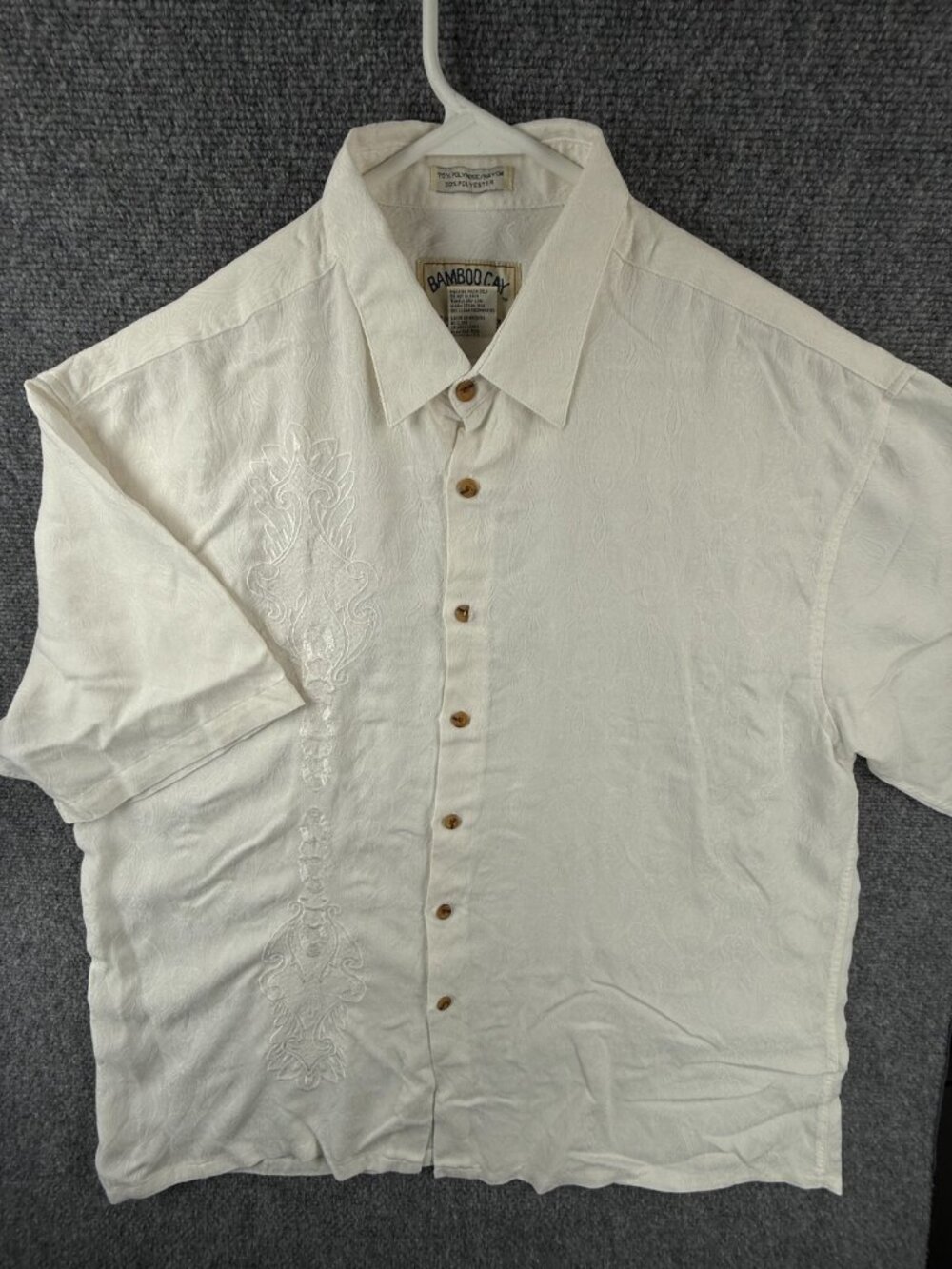 Bamboo Cay Jacquard Short Sleeve Button Up Shirt Rayon Blend Ivory XL Graphic